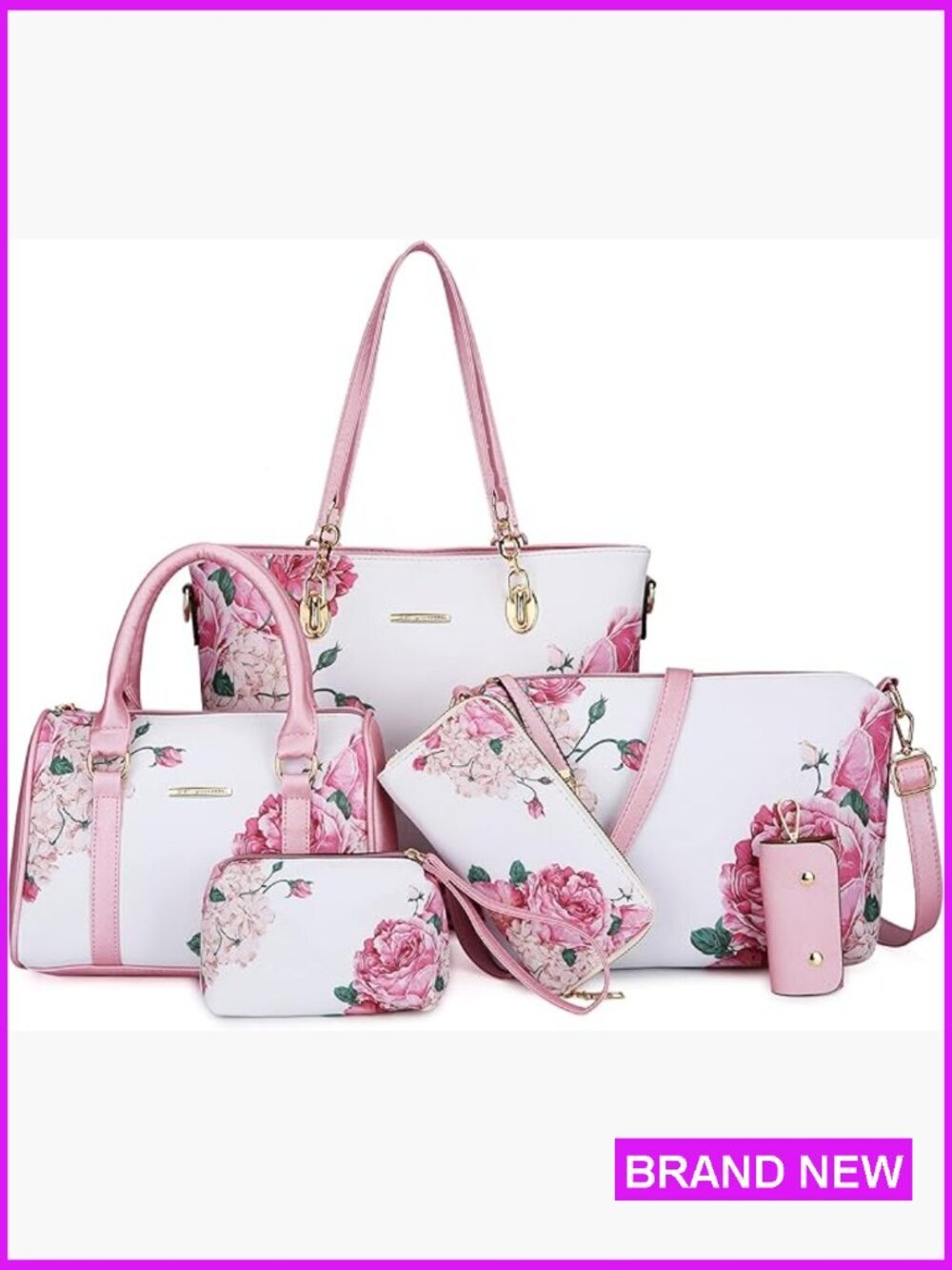 6 Pc Faux Leather Purses Set Satchel Tote Shoulder Bag Crossbody Clutch